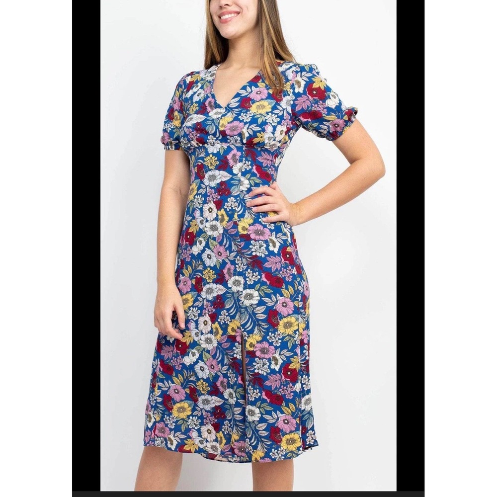 BCBGeneration Blue Floral V-Neck Midi Dress Short Puff Sleeve Size 6